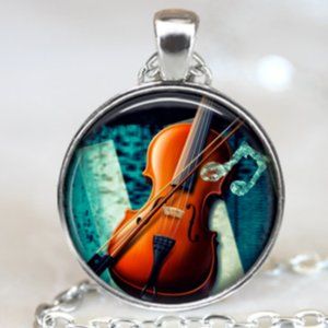 Silver Music Violin Cabochon Pendant Necklace!